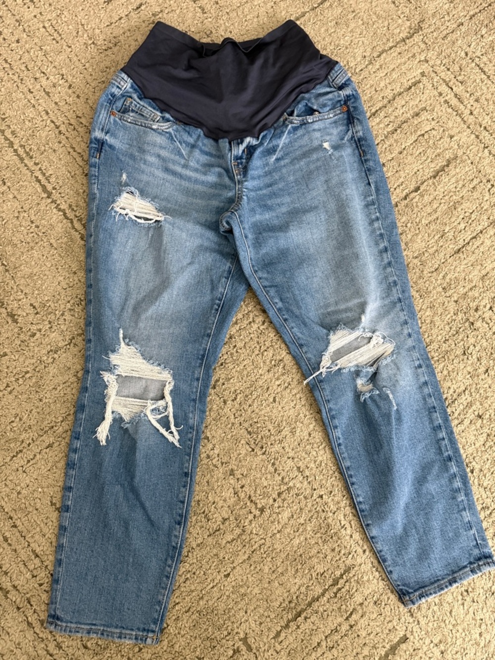 Old Navy Distressed Light Blue Maternity Boyfriend Jeans with Black Waistband